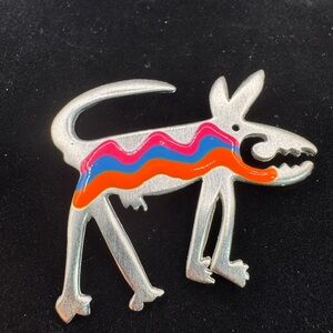 TC Pewter Striped Bright Enamel Coyote or Dog Figural Metal Vintage Brooch Pin